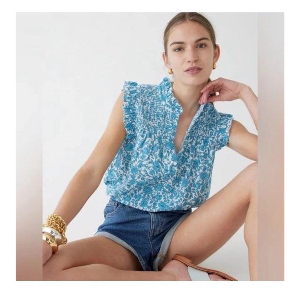 J. Crew Garden Soft Gauze Top In Blue Blooms Floral Tank Ruffle Women’s M